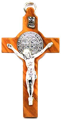 10.001.90 Croce di San Benedetto in Legno di ulivo con medaglia e Anello foma Rettangolare 8 cm