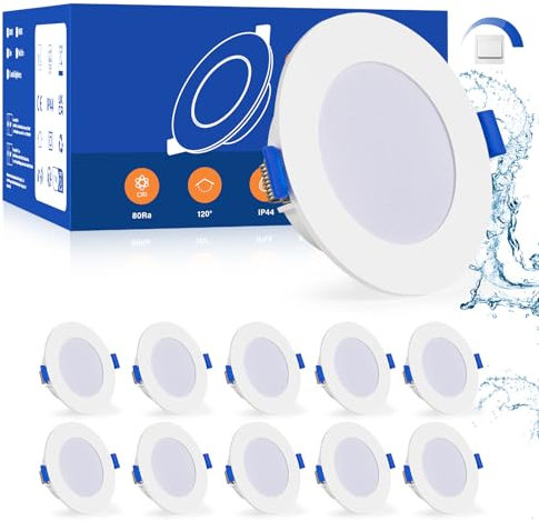 Leselux Spot LED Encastrable Extra Plat, 10x 5W Spots Salle de Bain IP44, 3 Niveaux de Luminosité Dimmable Spots Encastrés 4000K Blanc Neutre 450LM, Spot de Plafond 30mm Pour Cuisine Couloir