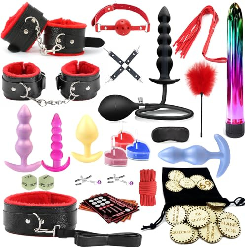 BDSM Sex Toys Kits de Bondage SM Sex Restraints Erotique Gode Anale 26 Pièces Fetish Cuir Sex Toys Gode Anal Gonflable Avec Pompe Buttplug Anal Dildo Particle Plug Plug Anal Grossier Parfait Sex Toys