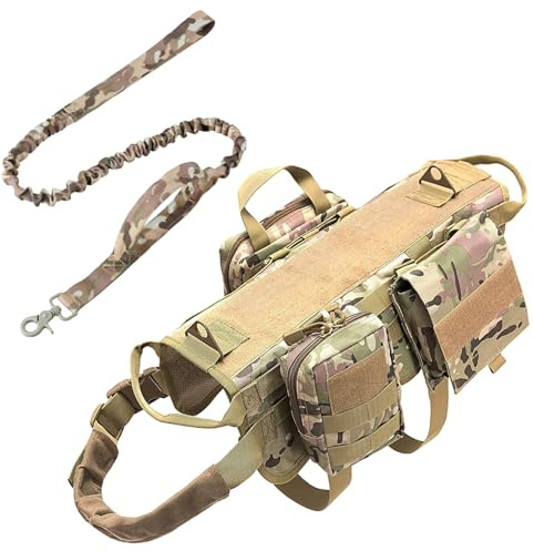 AIWAI Tactical Dog Harness with Pouches,Dog Vest Harness for Large Medium Dogs No-Pull Adjustable Military Dog Harness with Handle Walking Hiking Training (Camouflage(with Leash), XL)