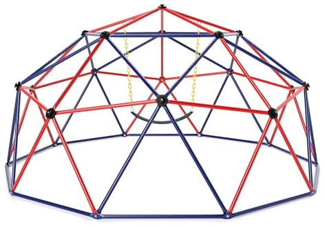COSTWAY 10FT Dome Climber, Toddler Climbing Frame Monkey Bar Jungle Gym with Swing, Indoor Outdoor Play Equipment for Kids 3-12 Years Old (Blue+Red)