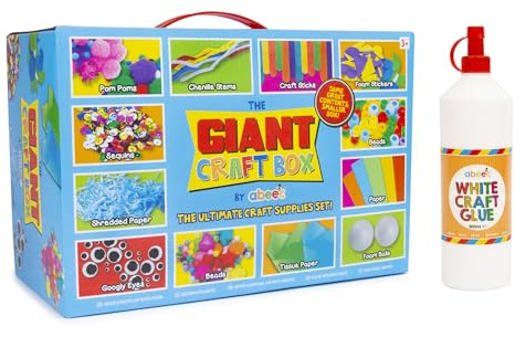 abeec Giant Craft Box + Glue Bundle | 1000+ Pieces Arts and Crafts Kit for Kids | 500ml White Craft Glue Included | Ages 5 to 12 | School Holiday Activity | Birthday Gift