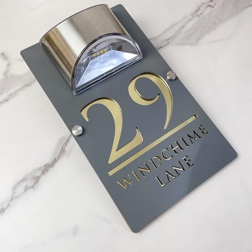 Personalised Solar LED House Number Sign – Custom Illuminated Door Plaque with Laser Engraving – Waterproof Acrylic Address Plate – Auto ON at Night for Home Wall, Fence or Gate (Gray gold)