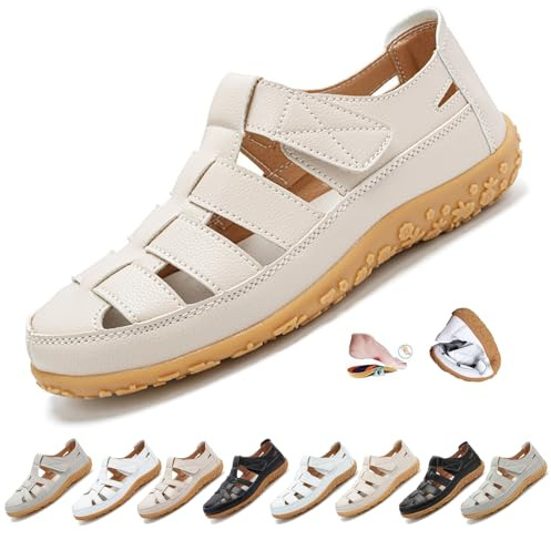 MAOAEAD Sandalias ortopédicas de piel auténtica para mujer, con puntera cerrada, suaves, cómodas, para caminar y conducir