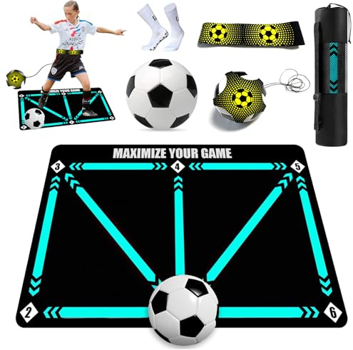 YUJUVI Tapis Football Entrainement Kit 90 x 60 cm Tapisn d'Entraînement Foot Antidérapant avec Football Entrainement Football Ceinture Football Kick pour Football Dribble Footstep Pratique de Contrôl