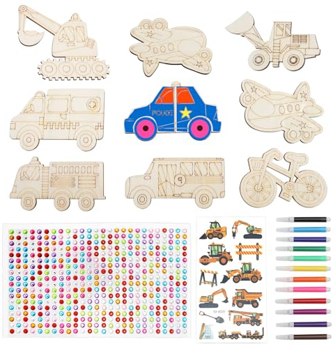 TMZELOA 38 Stück Auto Kinder Bastelset, Automobil Holz Kreatives Basteln mit Kindern, DIY Bastelset Kindergeburtstag, Fahrzeug Holz Bemalen Kinder mit Aufkleber Strasssteine Aquarellstift