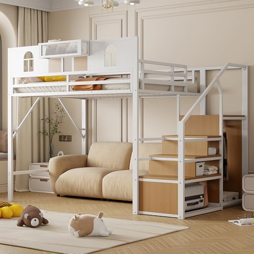 Merax Lit Mezzanine en métal 140x200 cm, avec échelle de Rangement, fenêtre, étagère intégrée, Design Unique avec clôture Haute, Cadre métallique Robuste, Blanc (sans Matelas)