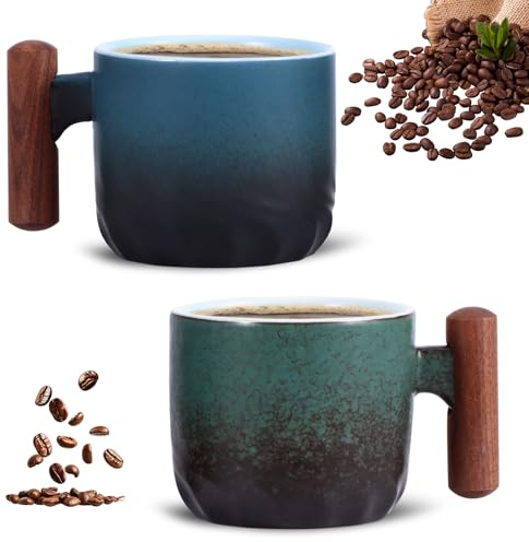 Juego de 2 tazas de café espresso con asa, tazas de café de cerámica, vasos pequeños de café con leche, tazas de café para espresso, moca, latte, azul y verde