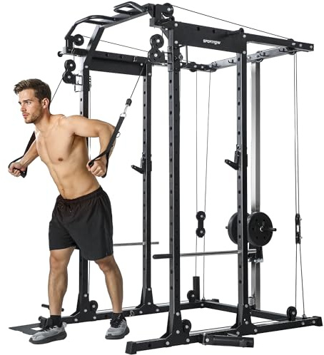 SPORTNOW Cable Crossover Machine, Multi Gym Cable Pulley System with Pull Up Bar, Lat-Pull Down System, Landmine & T Bar, 300kg All-in-One Power Cage Squat Rack for Home Gym Strength Training