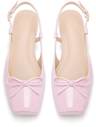 Lhamo Latso Pink Ballet Flats 1 Inch Low Block Heel Comfortable Ballerina Flat Bow Dressy Flats Shoes for Women Slingback Flat Satin 8