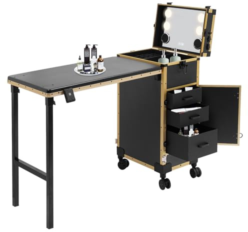 LENDISIY Carro de cosméticos con mesa y espejo, maletín de maquillaje con ruedas, maletín de peluquería, mesa de uñas, tocador, maletín de maquillaje, 3 cajones, para técnicos domésticos, spa, salón