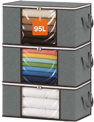 RICHER HOUSE 95L Clothes Storage Bags, Foldable Storage Box with Lid,3 Pack | Moving Boxes with Reinforced Handle, Breathable Thick Fabric, Clear Window for Wardrobe, Duvet Blankets Bedding Toys, Grey
