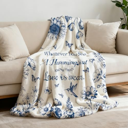 GLOBLELAND Sketch Hummingbird Flower Blanket 59x51 inch Blue White