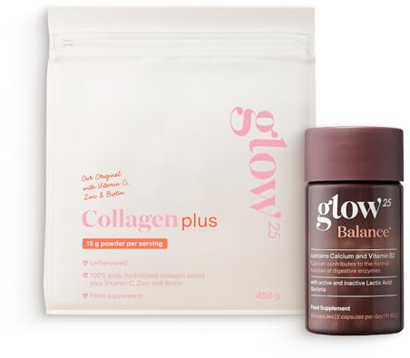 Glow25® Duo Balance & Collagène Plus – Balance avec ferments lactiques, inuline, calcium & vitamine B2 + Hydrolysat de collagène avec vitamine C, zinc & biotine – Peptides de type 1 et 3