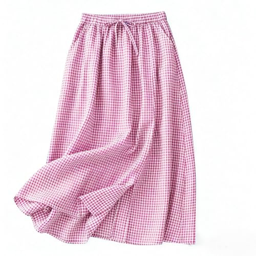 Jupe midi pour femme - Jupe tartan vichy - Taille élastique - Cordon de serrage - Ligne A avec poches - Jupe d'été fluide - Jupe de plage pour vacances