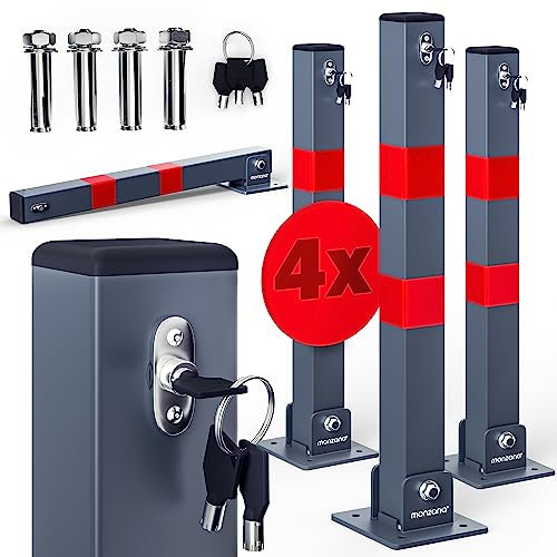 DEUBA® 4X Car Security Barrier for Driveways | Telescopic Retractable Parking Space Bollard | 3 Keys | Pre-Drilled Base Plate, Reflective Strips