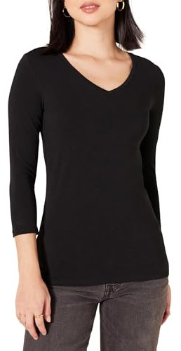Amazon Essentials Damen Regular-Fit-T-Shirt 3/4-Ärmeln V-Ausschnitt (In Übergröße Erhältlich), Schwarz, L