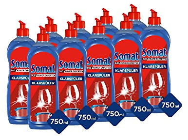 SOMAT 5in1 Klarspüler (10 x 750 ml), Spülmittel-Zusatz für schnelle Trocknung, Klarspüler für Geschirrspüler verleiht brillanten Glanz auf Gläsern, Geschirr und in der Maschine, bis zu 150 Spülgänge