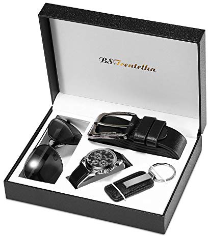 BSTcentelha Mens Gift Set,Mens Artificial Leather Watch Belt Keychain Sunglasses Gifts Set, Father's Day Valentine's Day Present (Senior)