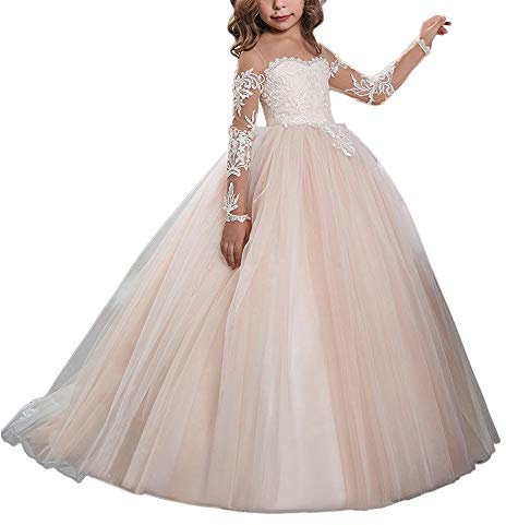 Aibaowedding Spitze Stickerei Schiere V-Rücken ärmellos Kinder Schleppende Kleider (DE/NL/SE/PL, Alter, 10 Jahre, 11 Jahre, Regular, Rosa)