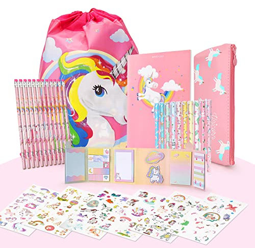 Maomaoyu Einhorn Geschenk Set für Mädchen &Junge mit 12 Einhorn Bleistiften und 1 Federmäppchen, Schönes Cartoon-Notizbuch, Ästhetisch Aufklebern und Süße Haftnotizen, Pink