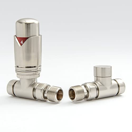Hot Flow Satin Nickel Marella 3 Modern Thermostatic Radiator Valve Straight TRV. Includes Straight TRV Body, Wheel Head & Lock Shield for Quick & Easy Temperature Control.