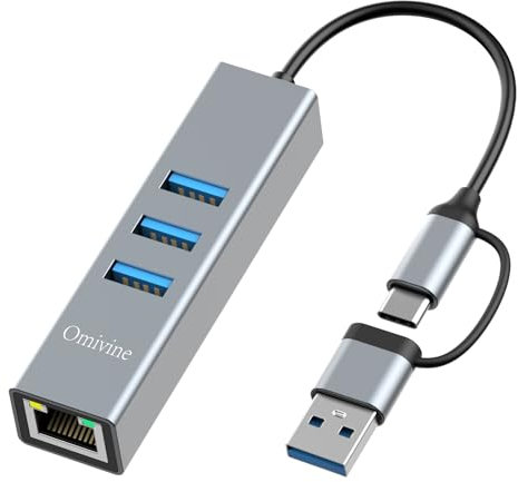 Omivine USB Ethernet Adapter, USB-C Hub mit 1000 Mbit/s RJ45 LAN Netzwerkadapter mit 3 USB 3.0 Anschlüssen für MacBook XPS Surface Pro Linux Chromebook usw