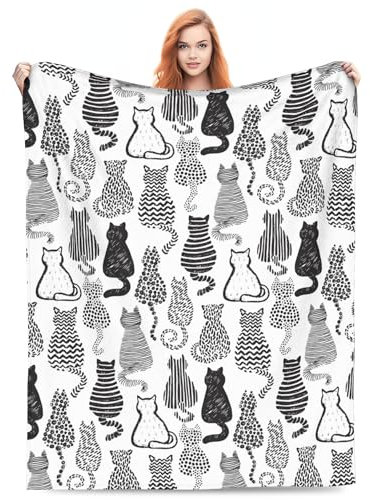 VODRM Katzendecke, Kätzchen, Tier, dekorativ, schwarz-weiß, Überwurf, Decken, Geschenke für Kinder und Erwachsene, leicht, weiches Fleece, gemütlich für Sofa, Couch, Schlafzimmer, Reisen, lustige