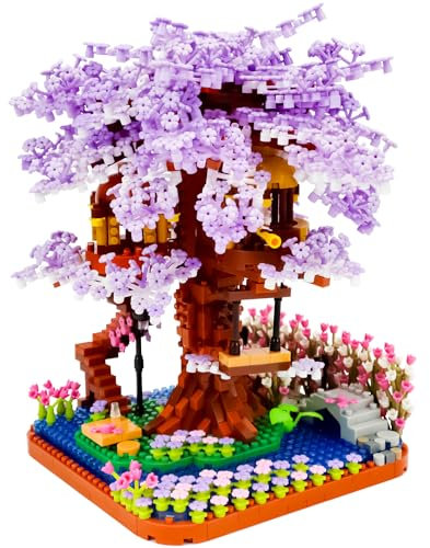 GaoDeBuChou Lila Kirschblüte Baumhaus,Blumen Bonsai Baum,2200 PCS Botanical Mikro klemmbausteine Set für Erwachsene und 14+Kinder,Nicht kompatibel mit Lgo(Mit einem Lichtset)