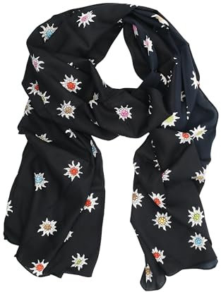 Allgäu Rebell Trachtentuch Edelweiss schwarz mit bunten Edelweiß Motiven 200cm x 50cm