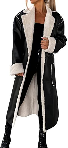 Lederjacke Damen Lang Wintermantel Mit Teddyfleece Winterjacke Reverskragen Ledermantel Gefüttert Übergangsmantel Kunstlederjacke Parka Übergangsjacke Leder Trenchcoat Jacke Langer Kunstleder Mantel