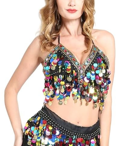 MUNAFIE Pailletten Oberteil Damen Glitzer Top BH Bauchtanz Festival Oberteil Schwarz Bunt