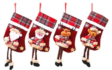 AstarFavor Set di 4 Calze di Babbo Natale, Calzini per Albero di Natale, Calze di Natale Calzini con Stivali di Babbo Natale, Borsa Regalo, per la Decorazione della Festa di Natale