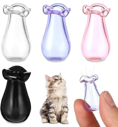 Ymapinc 4Pcs Cat Whiskers Holder, Tiny Glass Vases for Flowers Cute Miniature Jars, Small Decoration for Dollhouse DIY Plant Decor (Transparent+Black+Pink+Purple)