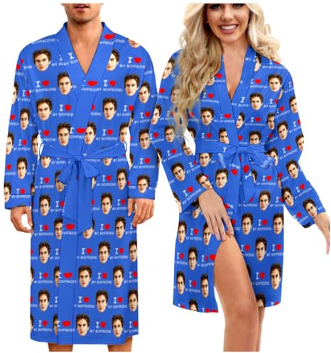 LucBuy Batas Personalizadas con Fotos de Rostros, Camisón Personalizado, Pijama Divertido, Albornoz Ligero de Manga Larga, Ropa de Estar por Casa Personalizada para Mujeres y Hombres (A14)