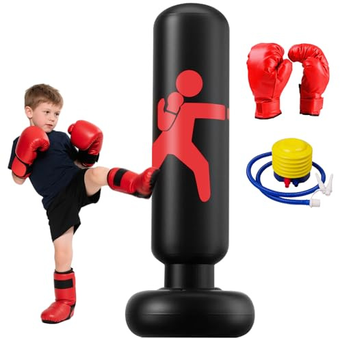 Sacco da Boxe per Bambini, 160 cm Sacco da Boxe Gonfiabile con Guantoni da e pompa ad aria, per Praticare Karate Taekwondo e per Scaricare l'Energia Repressa