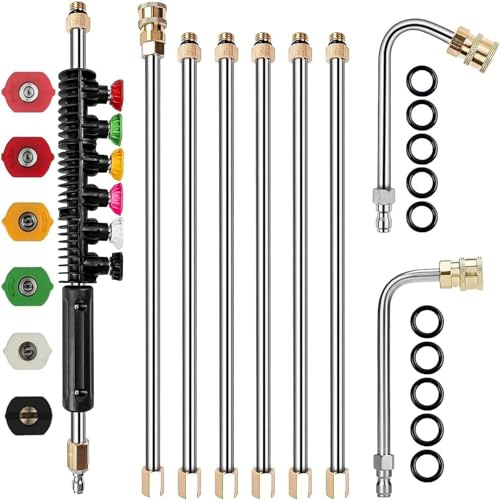 Lance d’extension pour nettoyeur haute pression avec buses de pulvérisation, raccord rapide 1/4, tiges courbées 30° et 90° pour nettoyage de gouttières, 10 toriques anti-fuite remplaçables, 4000 PSI