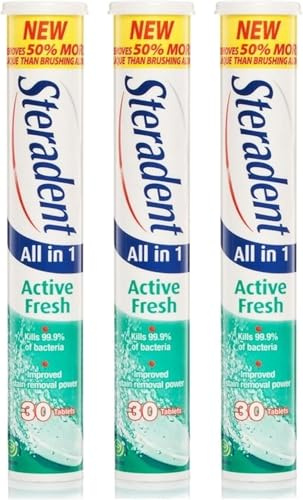 Teeth Cleaner Steradent Active Fresh Denture Daily Cleaner Tablets – 30 Tablets x 3 Tubes – Removes 50% More Plaque, Kills 99.9% Bacteria, Menthol Freshness, Safe for Metal Parts | SterlingSquare