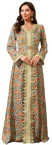 Embroidery Abayas for Women Muslim Moroccan Floral Maxi Kaftan Dress Arabic Islamic Dubai Robe Ramadan Prayer Clothes(Champagne,L)