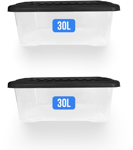 KAPCO Underbed Storage Boxes – 2 x 30L Medium Plastic Clear Stackable Containers with Lids for Shoes, Clothes, Toys, Kitchen, Home Organisation - BPA Free Durable Plastic Tubs | 30 Litre (Set of 2)