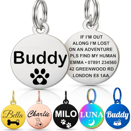Personalised Dog Tags for Pets UK Prime, Deep Engraved Cat Dog Name ID Tags, Stainless Steel Pet Tag for Doggy Kitten Kitty Puppy, Scratch Resistant Tag (Silver Round, S)