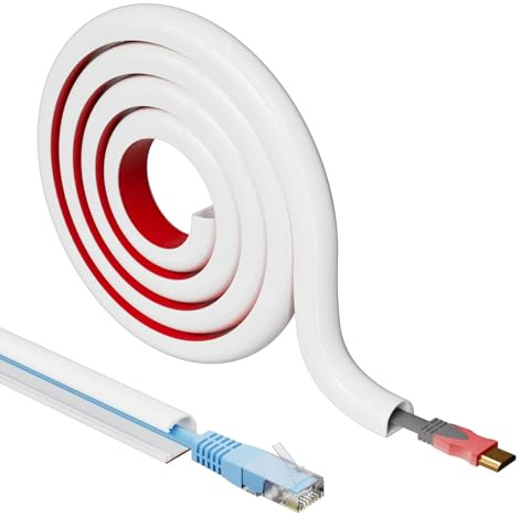 3M White Cable Trunking - 14 x 10mm Flexible PVC Cable Conduit for 1 Cord, Self Adhesive Wire Hider for Wall & Floor, D-shape Wire Covers TV Cable Raceway