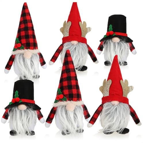 com-four® 6X lutins de Noël Premium, Figurines Hivernales décoratives, Trolls Irlandais et Gnomes celtiques barbus pour décoration Festive (6X - Rouge/Noir/Blanc)