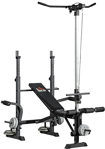HOMCOM Banc de musculation complet multifonction avec dossier réglable, système de poulie, support pour haltères, écarté pectoraux, banc developper coucher à plat ou incliné entraînement fitness