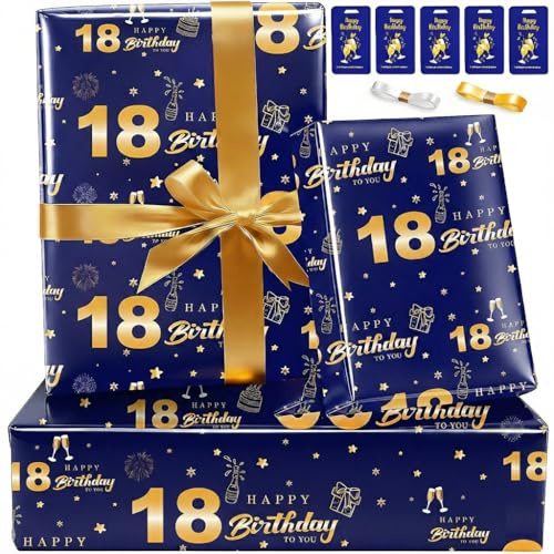 Kit Papier Cadeau Anniversaire 18 Ans Complet 5 Feuilles de Papier Cadeaux Moderne Bleu et Or avec Rubans et Tags Papier Anniversaire Set Papier Emballage Cadeau Garçon Chic pour Jeune Homme