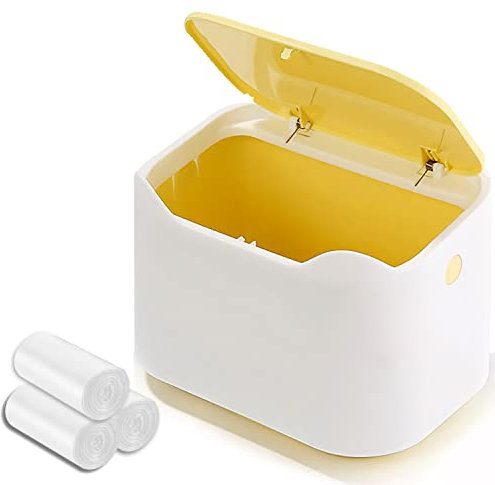 YAGGOOD Mini Bin with Lid - Tabletop, Office, Bathroom Countertop - Small Bin in Yellow and White