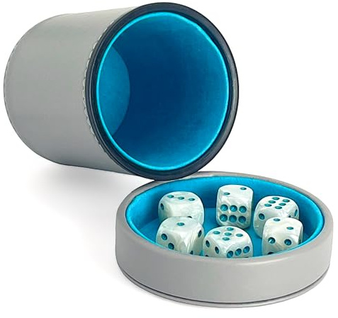 Luck Lab Grey Leather Dice Cup with Lid Including 6 Matching Pearl Dice - Teal Velvet Interior for Quiet Shaking - Use for Liars Dice Farkle Yahtzee Board Games, Grey