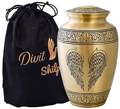 Urne de crémation pour Cendres humaines avec Sac en Velours, pour Adultes pesant jusqu'à 100 Kilos by Divit Shilp (Golden Angel Wings, Adult)