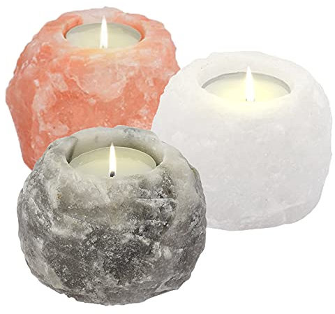 Paquete de 3 portavelas de sal del Himalaya, portavelas de té, color rosa, blanco, gris, cristal himaliano, lámpara de sal de roca, juego de velas de té, luces en T ionizantes curativas (naranja,