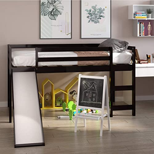 NAFORT Twin Low Loft Bed with Slide & Stairs – Solid Wood Kids Loft Bed Frame, Guard Rails & Slat Support, Climbing Ladder, Space-Saving for Boys & Girls (Espresso)